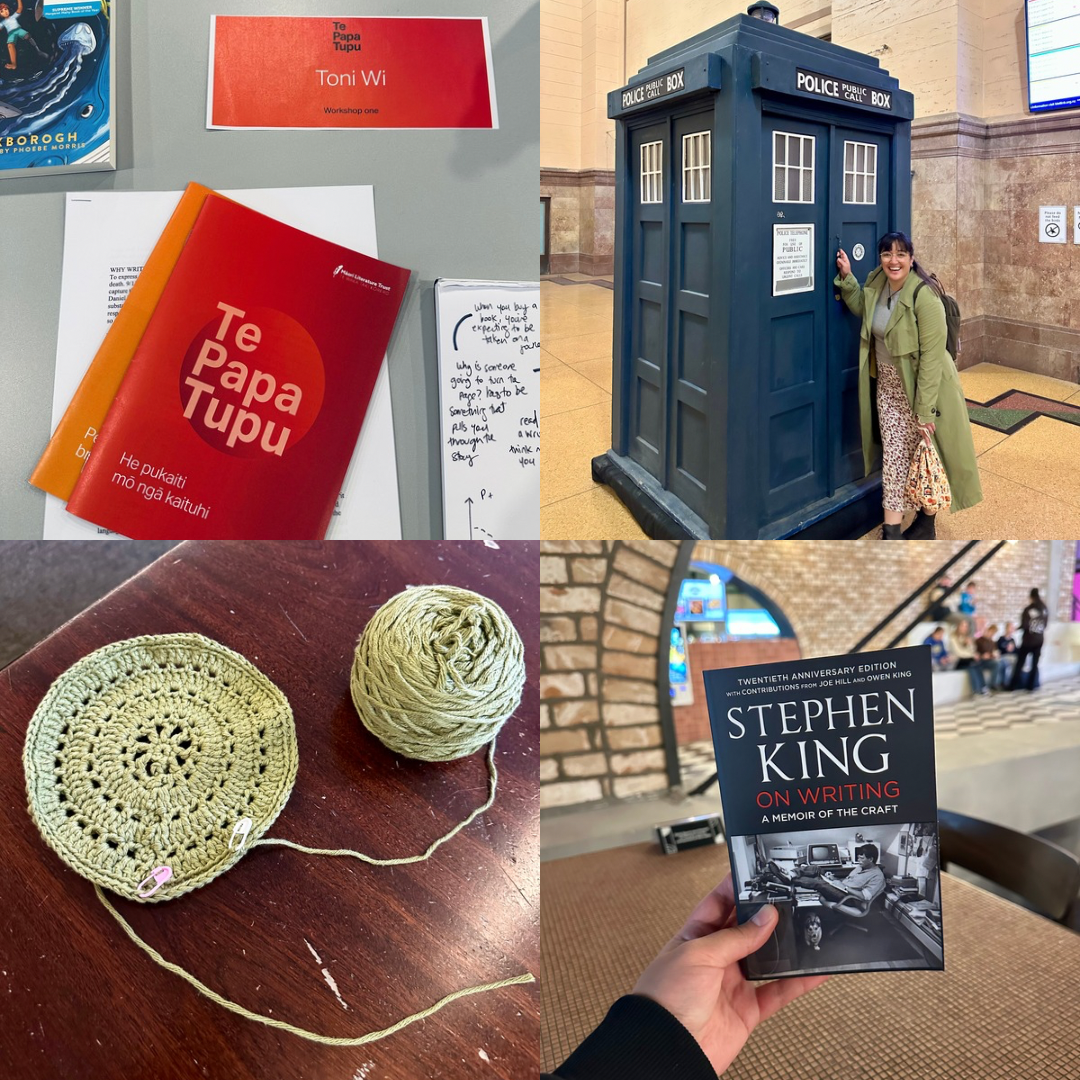 From left to right: Te Papa Tupu booklet, Toni in front of a black telephone booth, a knitting project, holding Stephen King novel