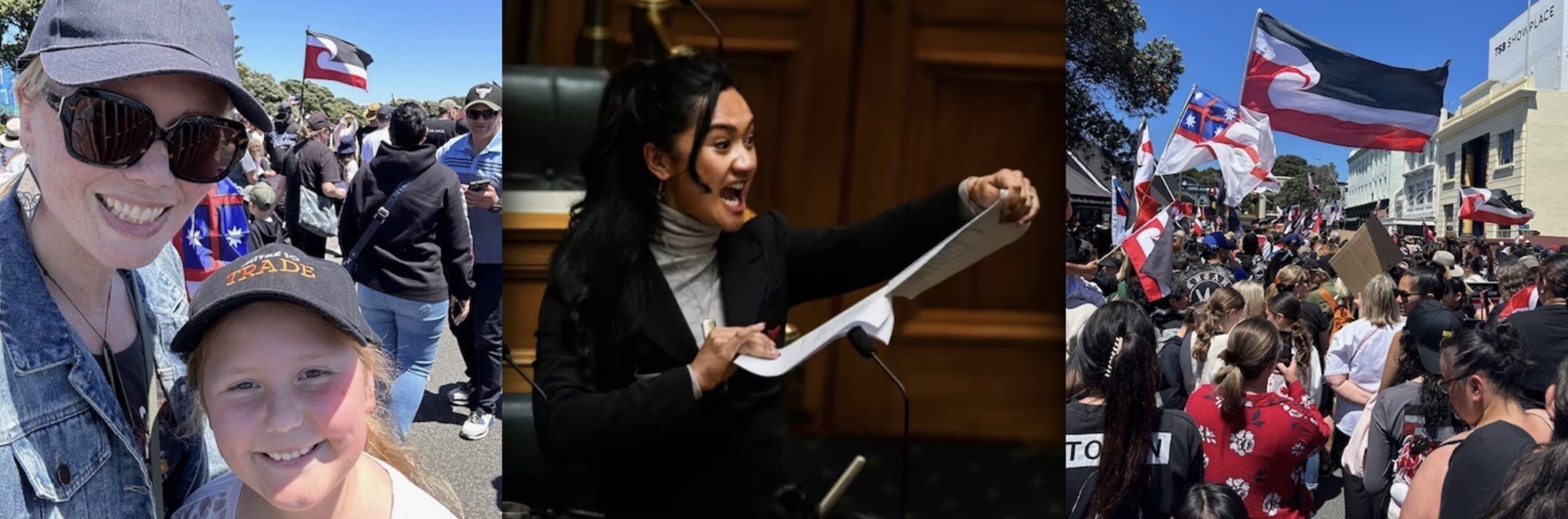 Steph pictured at the 2024 Hīkoi mō te Tiriti left, Hana-Rawhiti Maipi-Clarke pictured centre, a picture of the hīkoi right